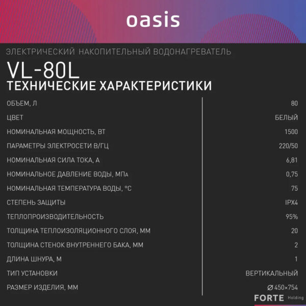 Водонагреватель накопит. Oasis VL-80L (1500Вт, 80л, УЗО, медный ТЭН, до 48ч, предохр. клапан, эмаль) — изображение 9