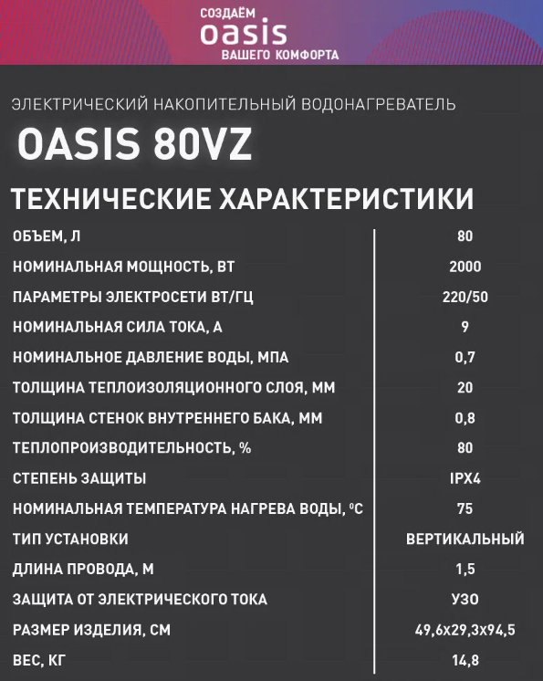 Водонагреватель накопит. Oasis 80VZ (2кВт, 80л, медный ТЭН, верт., магниевый анод, УЗО, антизамерз) 7 антизамерз)