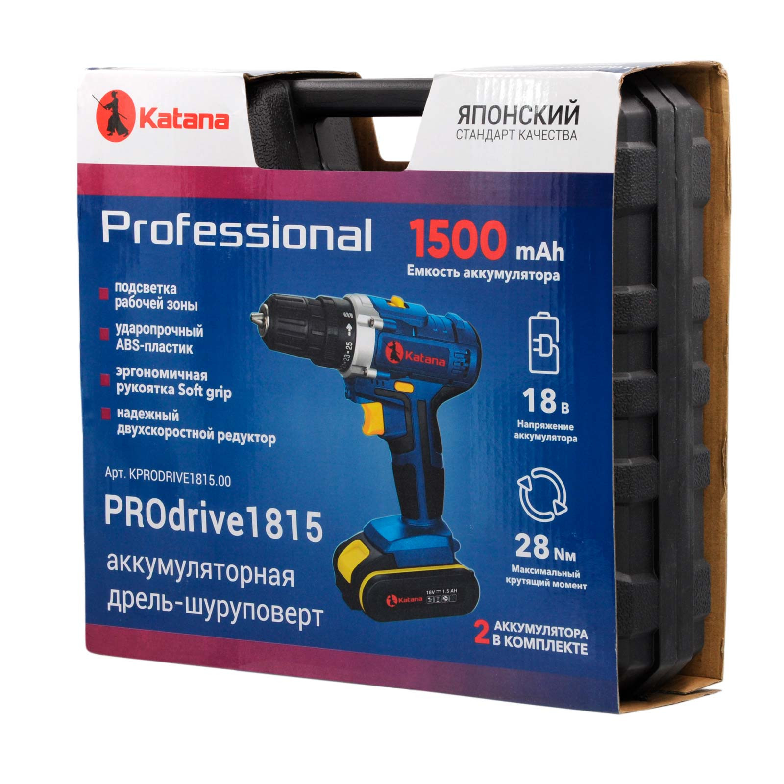 Дрель-шуруповерт аккумуляторный KATANA PROdrive 1815 (18В, 2 акк, 1,5 А/ч Li-ion, 2 ск, 28 Нм, кейс) 7 кейс)