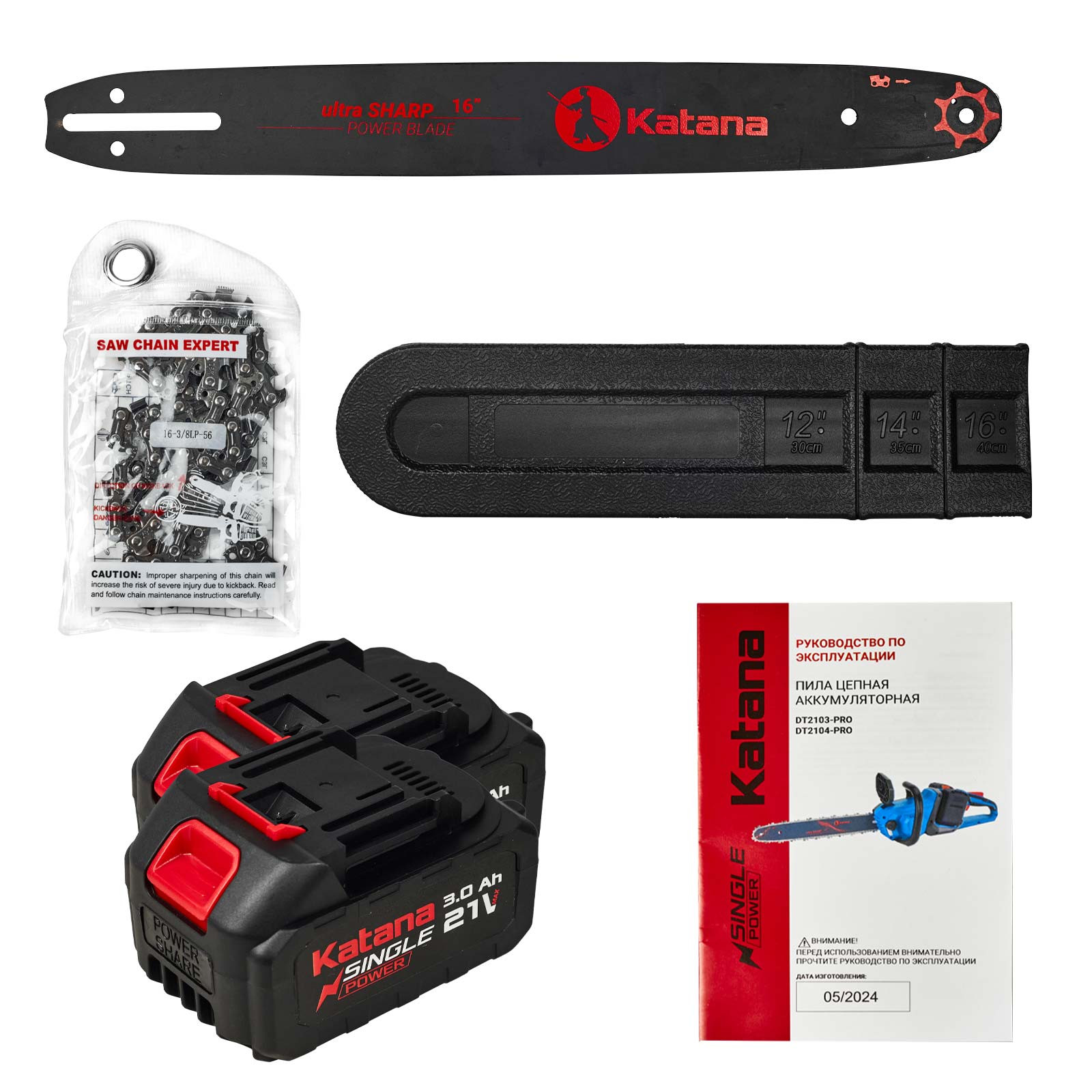 Пила цепная аккумуляторная KATANA DT2103-PRO(Бесщет, 42V, 2x3Ah, 40см, 0,375", 1,3мм, 56зв.,бесключ) 6 375"