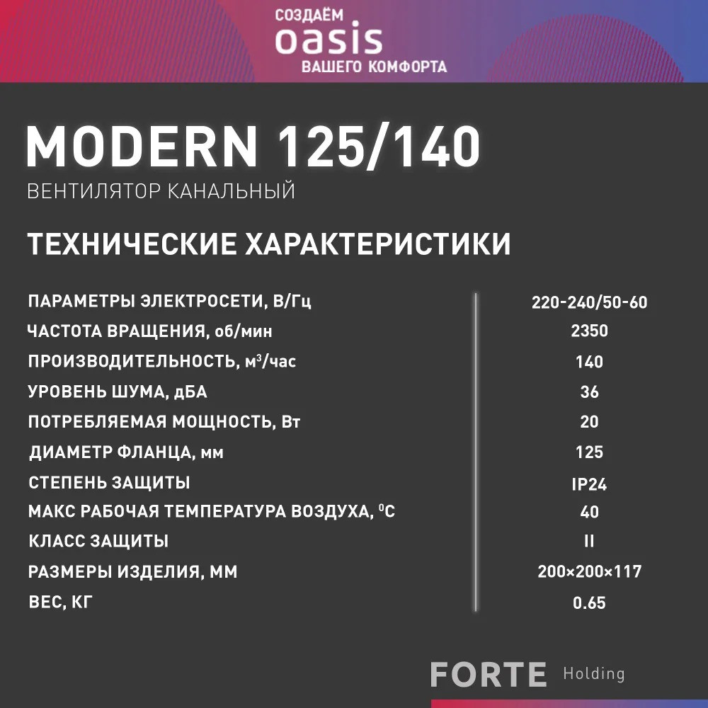 Электровентилятор осевой канальный бытовой Oasis Modern 125/140 (2350 об/мин, 20 Вт, 36 Дб, IP24) 2 20 Вт