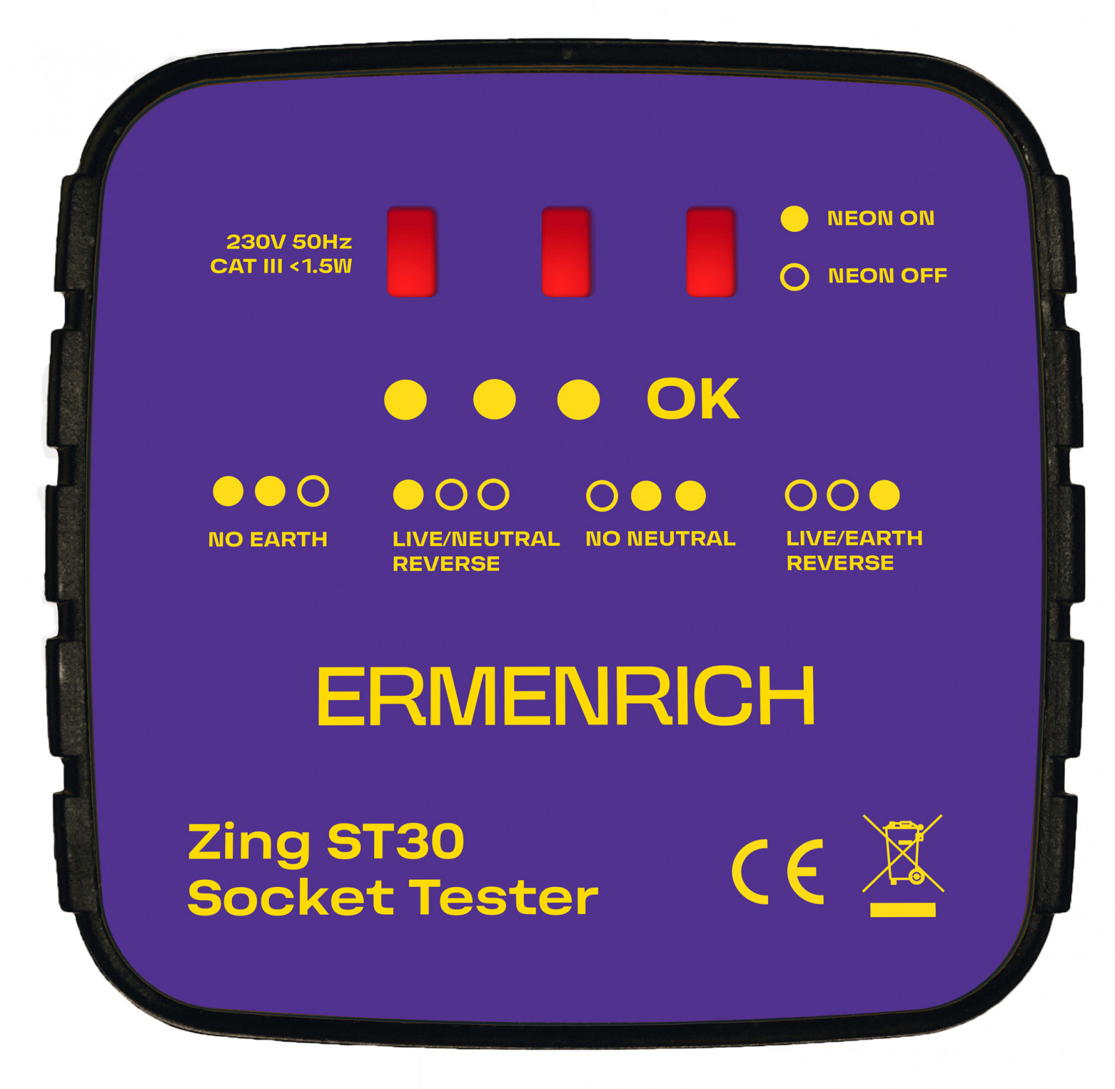 Тестер розетки Ermenrich Zing ST30 (50Гц, 230В, класс перенапряжения III 300В, фиолетовый) 2 230В