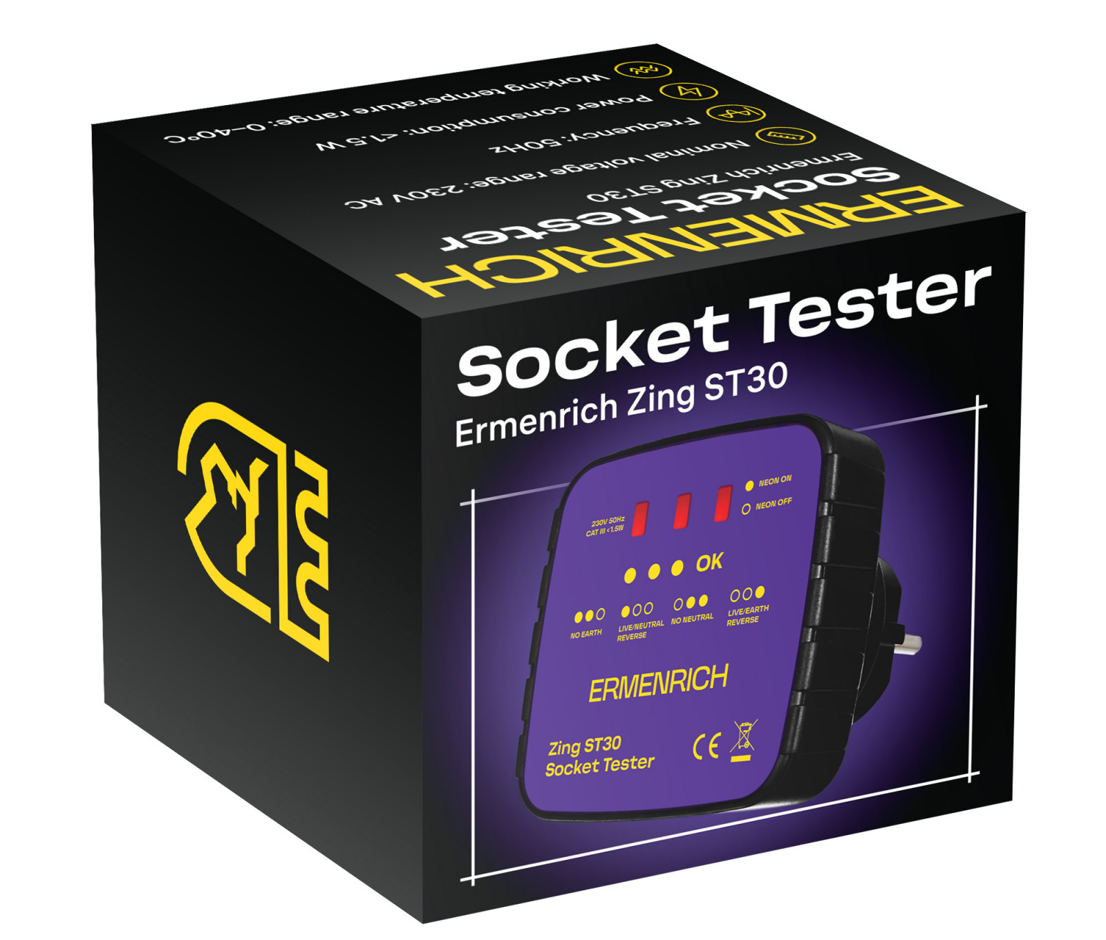 Тестер розетки Ermenrich Zing ST30 (50Гц, 230В, класс перенапряжения III 300В, фиолетовый) 4 фиолетовый)