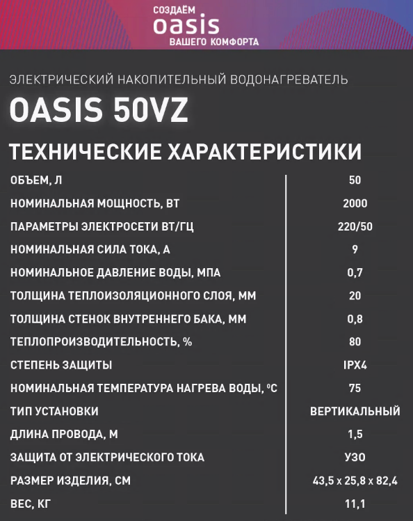 Водонагреватель накопит. Oasis 50VZ (2кВт, 50л, медный ТЭН, верт., магниевый анод, УЗО, антизамерз) 7 антизамерз)