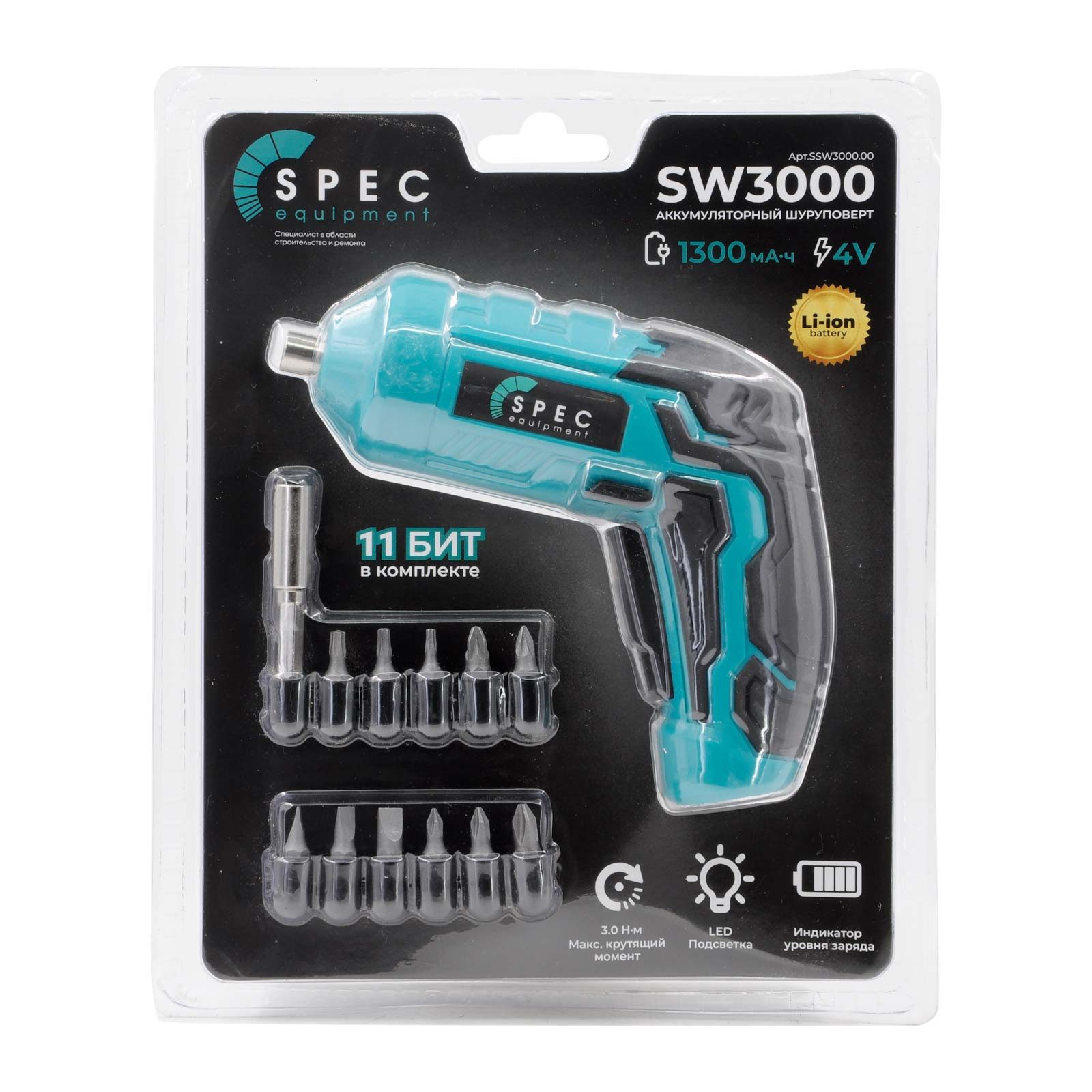 Шуруповерт аккумуляторный(отв-ка)SPEC SW3000(4В,1 акк,1,3А/ч Li-ion,3Нм,шур.до 4мм,11 бит в компл.) 6 шур.до 4мм